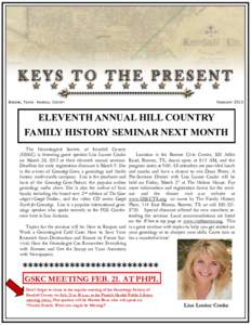 BOERNE, TEXAS KENDALL COUNTY  FEBRUARY 2015 ELEVENTH ANNUAL HILL COUNTRY FAMILY HISTORY SEMINAR NEXT MONTH