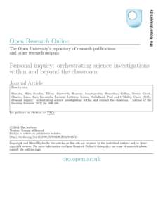 Open Research Online The Open University’s repository of research publications and other research outputs Personal inquiry: orchestrating science investigations within and beyond the classroom