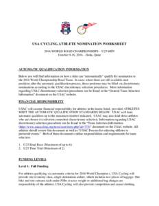USA CYCLING ATHLETE NOMINATION WORKSHEET 2016 WORLD ROAD CHAMPIONSHIPS – U23 MEN October 9-16, 2016 – Doha, Qatar AUTOMATIC QUALIFICATION INFORMATION Below you will find information on how a rider can “automaticall