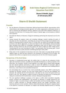 Arab States Regional Conference on Education Post-2015, Sharm El Sheikh, Egypt, 27-29 January 2015: Sharm El Sheikh Statement; 2015