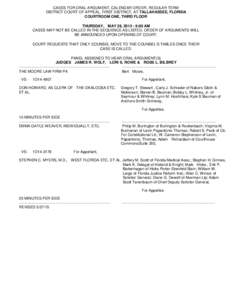 CASES FOR ORAL ARGUMENT, CALENDAR ORDER, REGULAR TERM DISTRICT COURT OF APPEAL, FIRST DISTRICT, AT TALLAHASSEE, FLORIDA COURTROOM ONE, THIRD FLOOR THURSDAY, MAY 28, :00 AM CASES MAY NOT BE CALLED IN THE SEQUENCE 