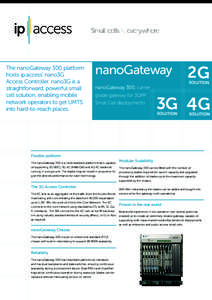 The nanoGateway 300 platform hosts ip.access’ nano3G Access Controller. nano3G is a straightforward, powerful small cell solution, enabling mobile network operators to get UMTS