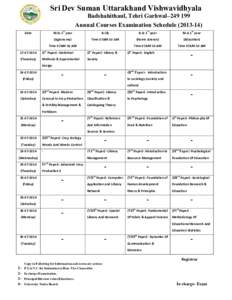 Sri Dev Suman Uttarakhand Vishwavidhyala Badshahithaul, Tehri Garhwal–Annual Courses Examination Schedulest  Date