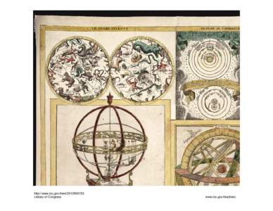 Collection of nine images including astronomical instruments, celestial charts, and a world map