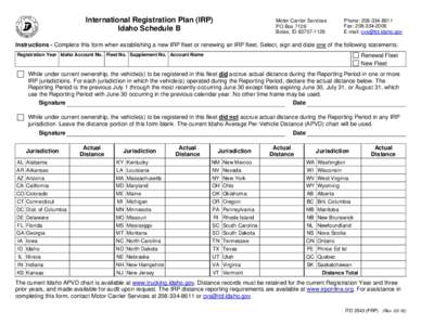 International Registration Plan (IRP) Idaho Schedule B Motor Carrier Services PO Box 7129 Boise, ID