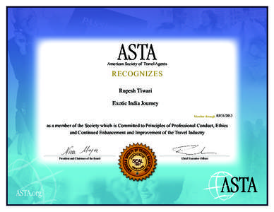 ASTA  American Society of Travel Agents RECOGNIZES Rupesh Tiwari
