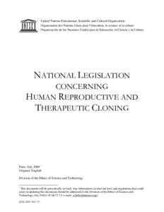 National legislation concerning human reproductive and therapeutic cloning; 2004