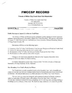 FWCCSP RECORD  Friends of White Clay Creek State Park Newsletter Friends of White Clay Creek State Park  P.O. Box 9734