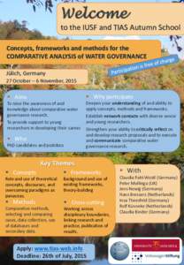 Welcome to the IUSF and TIAS Autumn School Concepts, frameworks and methods for the COMPARATIVE ANALYSIS of WATER GOVERNANCE Jülich, Germany 27 October – 6 November, 2015