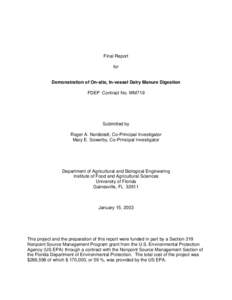 Final Report for Demonstration of On-site, In-vessel Dairy Manure Digestion FDEP Contract No. WM719