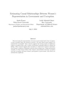 Estimating Causal Relationships Between Women’s Representation in Government and Corruption Justin Esarey Wake Forest University Department of Politics and International Affairs