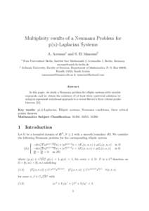 Multiplicity results of a Neumann Problem for p(x)-Laplacian Systems A. Azouani1 and S. El Manouni2 1  2