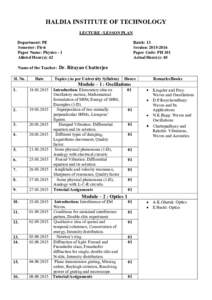 HALDIA INSTITUTE OF TECHNOLOGY LECTURE / LESSON PLAN Department: PE Semester: First Paper Name: Physics - 1 Alloted Hour(s): 42