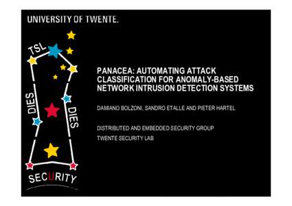 PANACEA: AUTOMATING ATTACK CLASSIFICATION FOR ANOMALY-BASED NETWORK INTRUSION DETECTION SYSTEMS DAMIANO BOLZONI, SANDRO ETALLE AND PIETER HARTEL DISTRIBUTED AND EMBEDDED SECURITY GROUP TWENTE SECURITY LAB