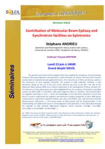 Séminaire SOLEIL  Contribution of Molecular Beam Epitaxy and Synchrotron facilities on Spintronics Stéphane ANDRIEU