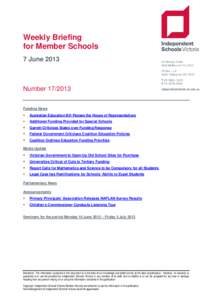 Weekly Briefing for Member Schools 7 June 2013 NumberFunding News