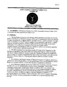 INTELLIGENCE COMMUNITY DIRECTIVE NUMBER 205 ANALYTIC OUTREACH (EFFECTIVE: 16 JULY[removed]A. AUTHORITY: The National Security Act of 1947, as amended; Executive Order 12333,