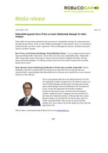 Media release Zurich, April 27, 2016 Page 1 of 2  RobecoSAM appoints Rocco D’Urso as Senior Relationship Manager for Index