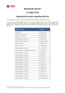 IMPORTANT NOTICE 1 12 August 2015 Updated information regarding UBS AG This website notice is issued by UBS Investments Australia Pty Limited (ABN). In relation to the following products (