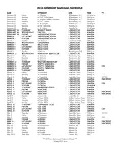 2014 KentucKy BaseBall schedule date February 14 February 15 February 16 February 17