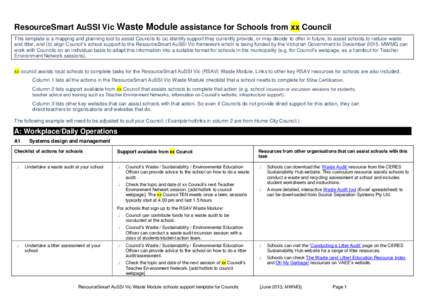 ResourceSmart AuSSI Vic Waste Module assistance for Schools from xx Council This template is a mapping and planning tool to assist Councils to (a) identify support they currently provide, or may decide to offer in future