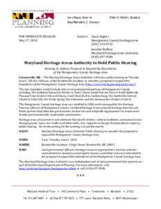 FOR IMMEDIATE RELEASE: May 17, 2018 Contact: Sarah Rogers Montgomery County Heritage Area
