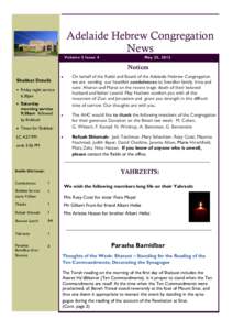 Adelaide Hebrew Congregation News Volume 5 Issue 4 May 25, 2012