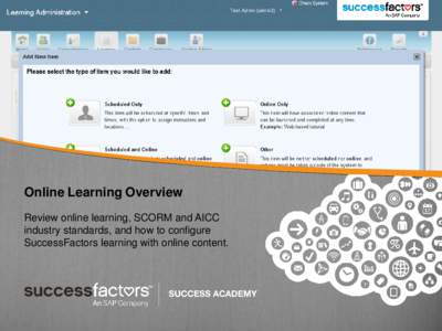 Online Learning Overview Review online learning, SCORM and AICC industry standards, and how to configure SuccessFactors learning with online content.  Online Learning Overview: Content Objects
