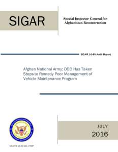 SIGAR  Special Inspector General for Afghanistan Reconstruction  SIGARAudit Report