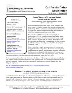 California Dairy Newsletter Vol. 5, Issue 1 March 2013 DAIRY WORKER TURNOVER RATES ARE ON THE DECREASE