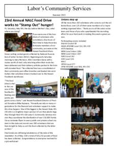 Labor’s Community Services Summer 2015 23rd Annual NALC Food Drive works to “Stamp Out” hunger! It’s Saturday, May 9th, the day before Mother’s Day, what