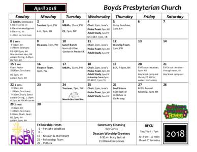 Boyds Presbyterian Church  April 2018 Sunday  Monday