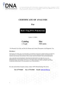 CERTIFICATE OF ANALYSIS For Red i-Taq DNA Polymerase Version[removed]Catalog