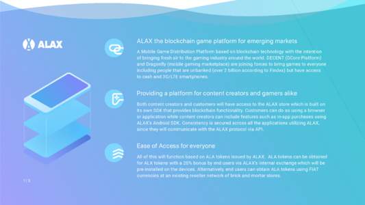 ALAX the blockchain game platform for emerging markets A Mobile Game Distribution Platform based on blockchain technology with the intention of bringing fresh air to the gaming industry around the world. DECENT (DCore Pl