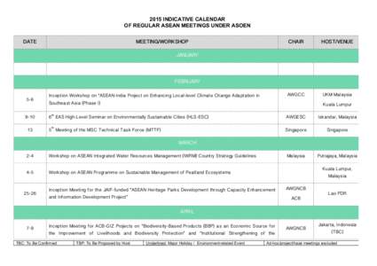 2015 INDICATIVE CALENDAR OF REGULAR ASEAN MEETINGS UNDER ASOEN DATE MEETING/WORKSHOP