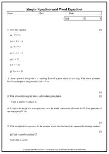 Simple Equations and Word Equations Name: Class:  Date: