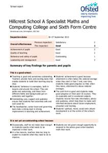 School report  Hillcrest School A Specialist Maths and Computing College and Sixth Form Centre Stonehouse Lane, Birmingham, B32 3AE