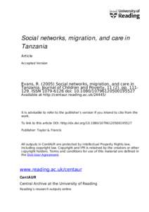Social networks, migration, and care in Tanzania[removed]15578379AB72C4DE  FECAAAD546AE73D2CA4234DEAE9A527A4EA