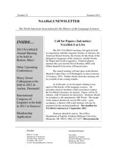 Number 52  Summer 2012 NAAHoLS NEWSLETTER The North American Association for the History of the Language Sciences