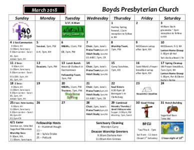 Boyds Presbyterian Church  March 2018 Sunday  Monday