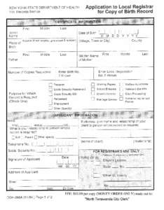 Application to Local Registrar for Copy of Birth Record NEW YORK STATE DEPARTMENT OF HEALTH Vital Records Section
