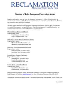 Naming of Lake Berryessa Concession Areas