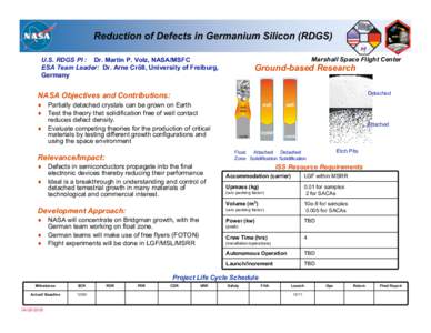 Reduction of Defects in Germanium Silicon (RDGS) Marshall Space Flight Center U.S. RDGS PI : Dr. Martin P. Volz, NASA/MSFC ESA Team Leader: Dr. Arne Cröll, University of Freiburg, Germany