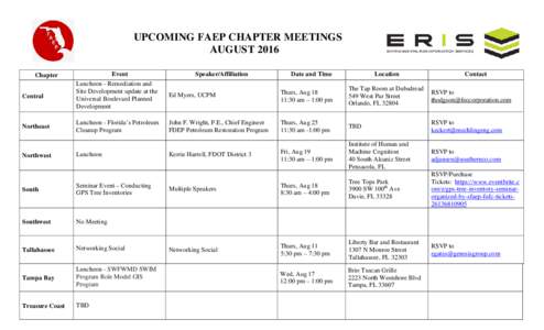 UPCOMING FAEP CHAPTER MEETINGS AUGUST 2016 Event Chapter