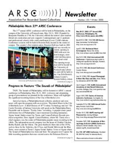 Association For Recorded Sound Collections  Newsletter Philadelphia Hosts 37th ARSC Conference th