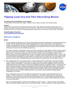 National Aeronautics and Space Administration  Flipping Lunar-tics and Their Electrifying Moves! 9-12 National Science Standards - Key Concept(s): Physical Science, Science and Technology – Newton’s Laws of Motion, E