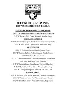 JEFF RUNQUIST WINES 2014 WINE COMPETITION RESULTS NEW WORLD CHAMPION BEST OF SHOW BEST OF VARIETAL, BEST OF CLASS, GOLD MEDAL 2012 “R” Barbera, Dick Cooper Vineyard, Amador County DOUBLE GOLD MEDAL