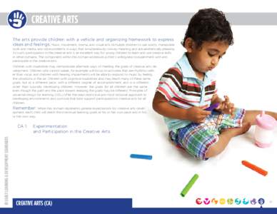 CREATIVE Arts ARTS Creative The arts provide children with a vehicle and organizing framework to express ideas and feelings. Music, movement, drama, and visual arts stimulate children to use words, manipulate tools and m