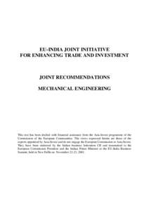 EU-INDIA JOINT INITIATIVE FOR ENHANCING TRADE AND INVESTMENT JOINT RECOMMENDATIONS MECHANICAL ENGINEERING