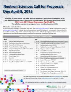 Neutron Sciences Call for Proposals Due April 8, 2015 Proposals for beam time at Oak Ridge National Laboratory’s High Flux Isotope Reactor (HFIR) and Spallation Neutron Source (SNS) will be accepted via the web-based p